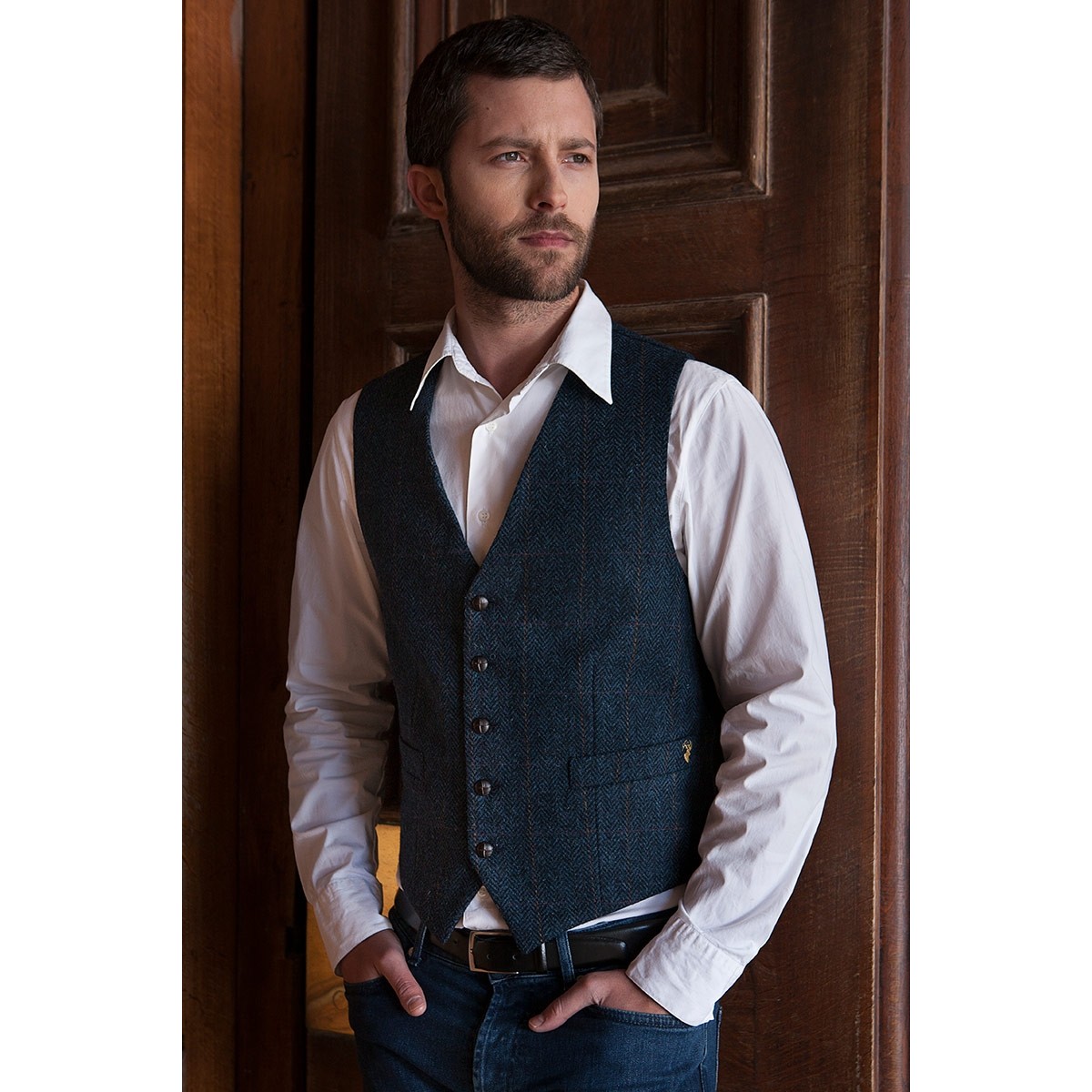 Muckross Weavers Irish Tweed Waistcoat Vest (Navy Check Herringbone ...