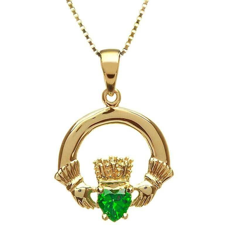 Claddagh Gold Pendant with Green Stone
