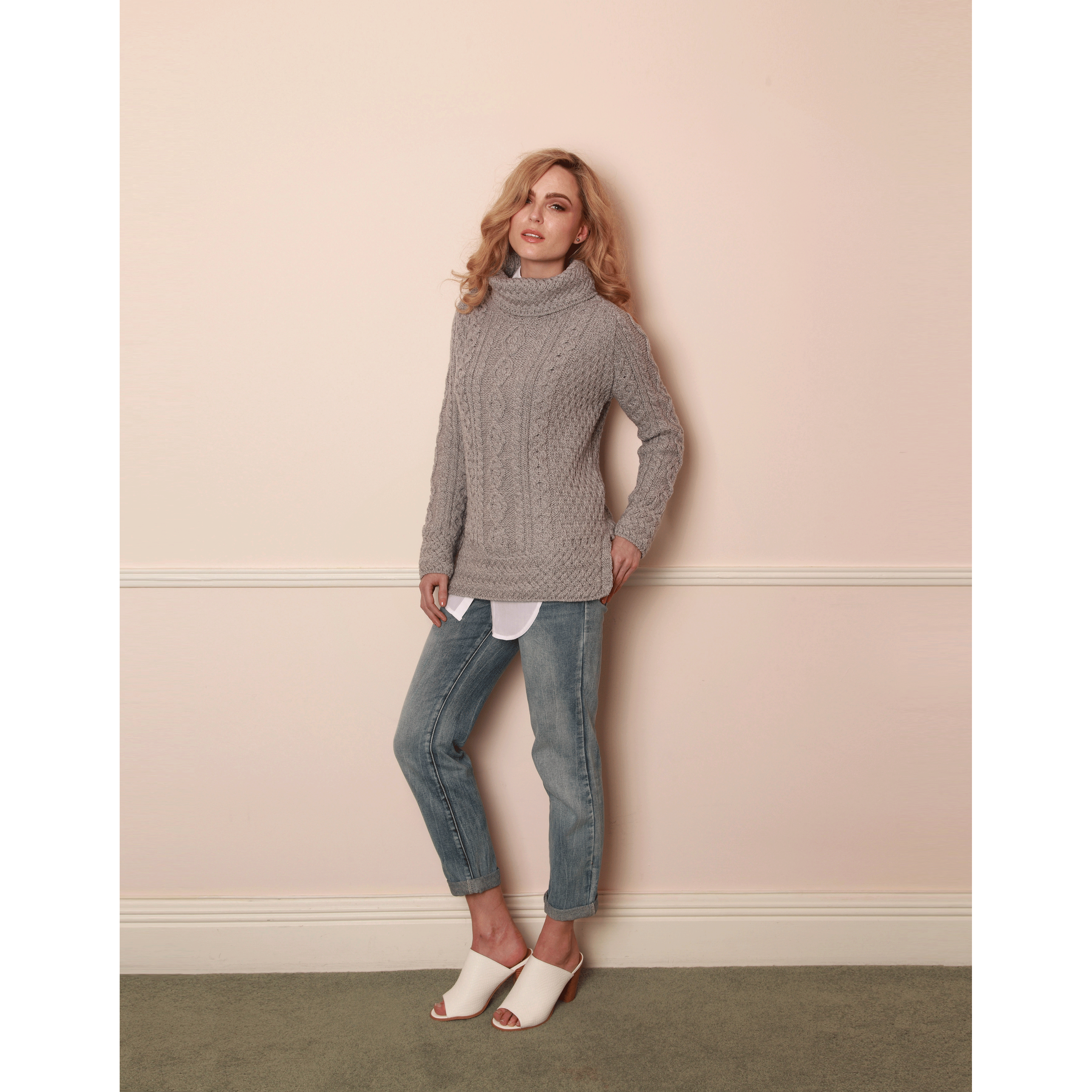 Carraig Donn Knitwear Soft Grey Ladies Vented Roll Neck Sweater
