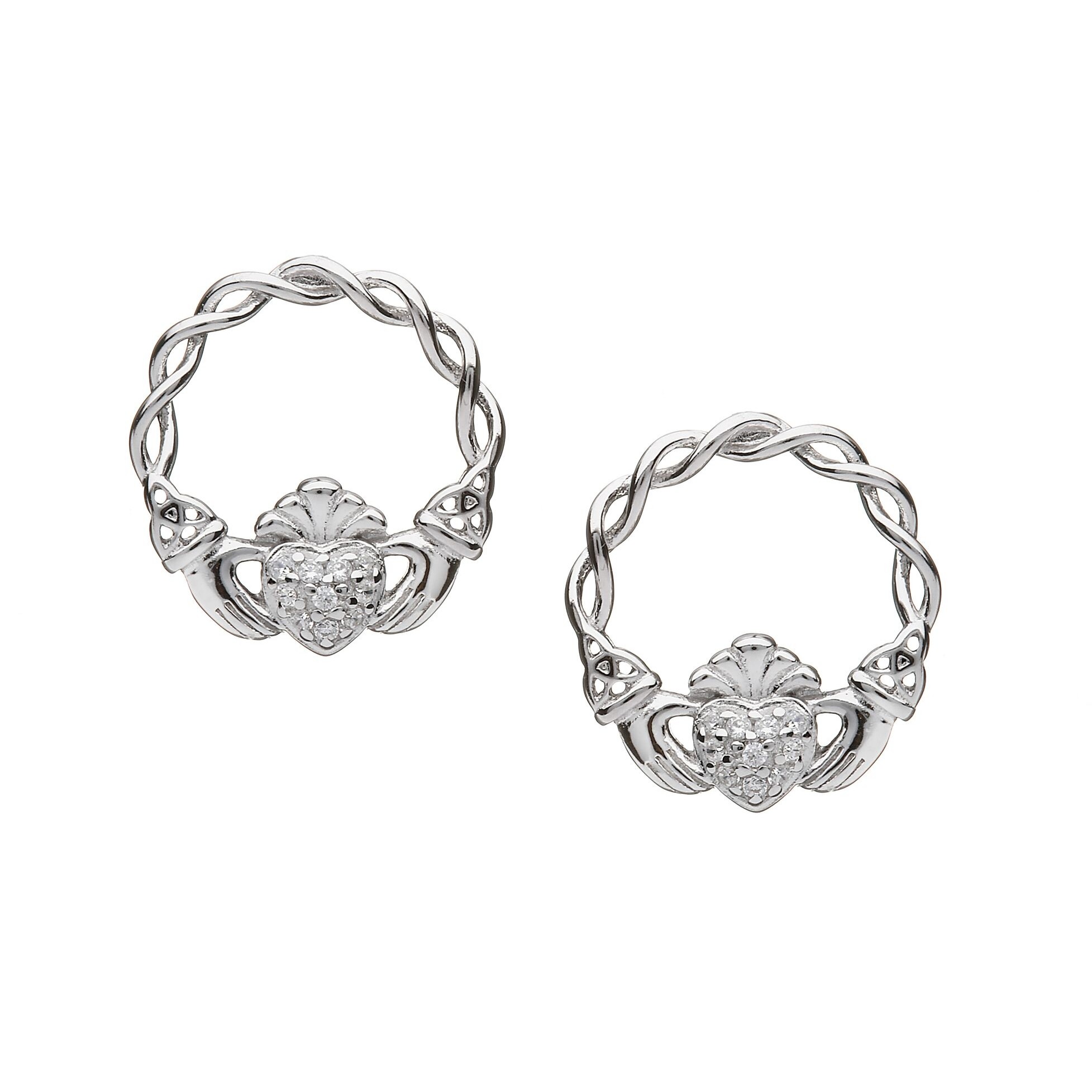 Claddagh Stud Earrings with Pave CZ Heart