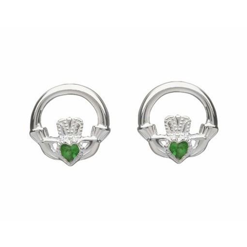 Irish Claddagh Stud Earrings Green Stone Set