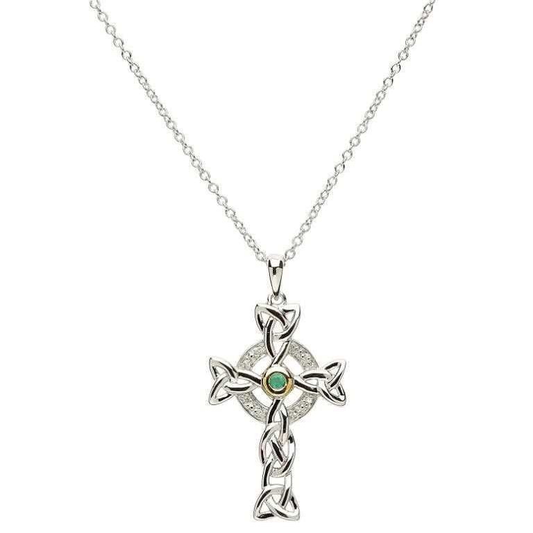 Shanore Celtic Trinity Knot Diamond and Emerald Cross Necklace Jewelry