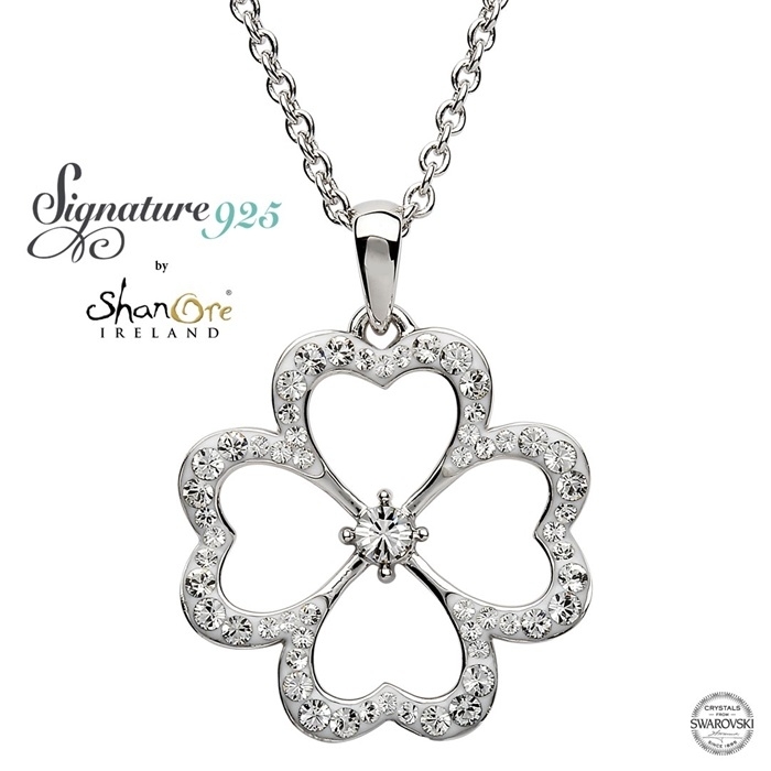 Silver green clover necklace pendant, with Swarovski® crystal hearts