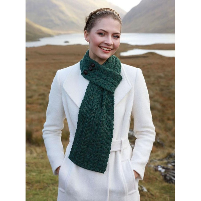 Aran Woollen Mills Irish Buttoned Loop Scarf (Connemara Green) Clothing Accessories at Irish on