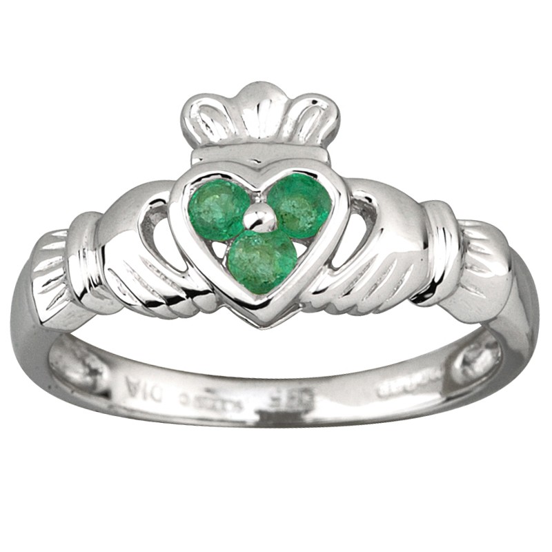 Solvar Jewelry White Gold Claddagh Ring with Emerald Heart