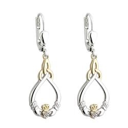 Gold and Silver Claddagh Earrings with Diamonds