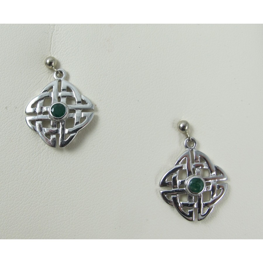 Celtic Knot Earrings with Emerald 14K White Gold