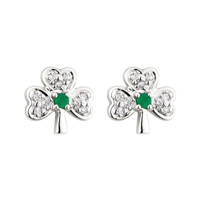 14K White Gold Shamrock Tiny Emerald Diamond Set Stud