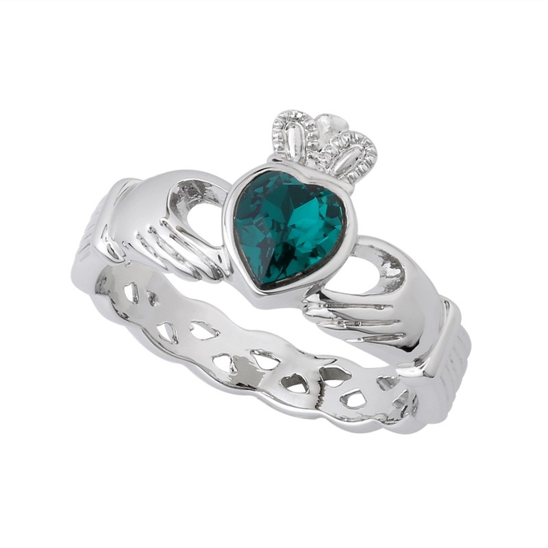Rhodium Green Crystal Claddagh Ring