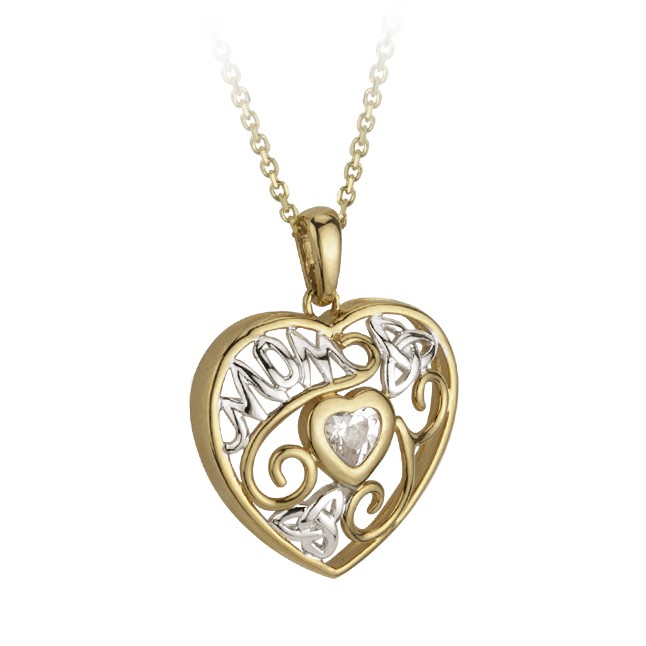 14k White and Yellow Mom Heart with CZ