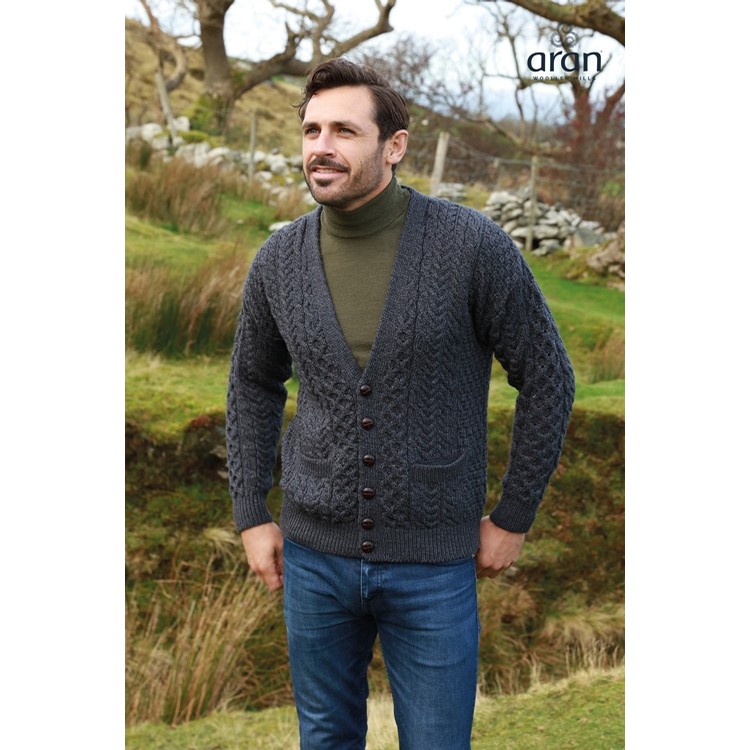 Aran Woollen Mills Grey Merino V Neck Cardigan Clothing Knitwear at ...