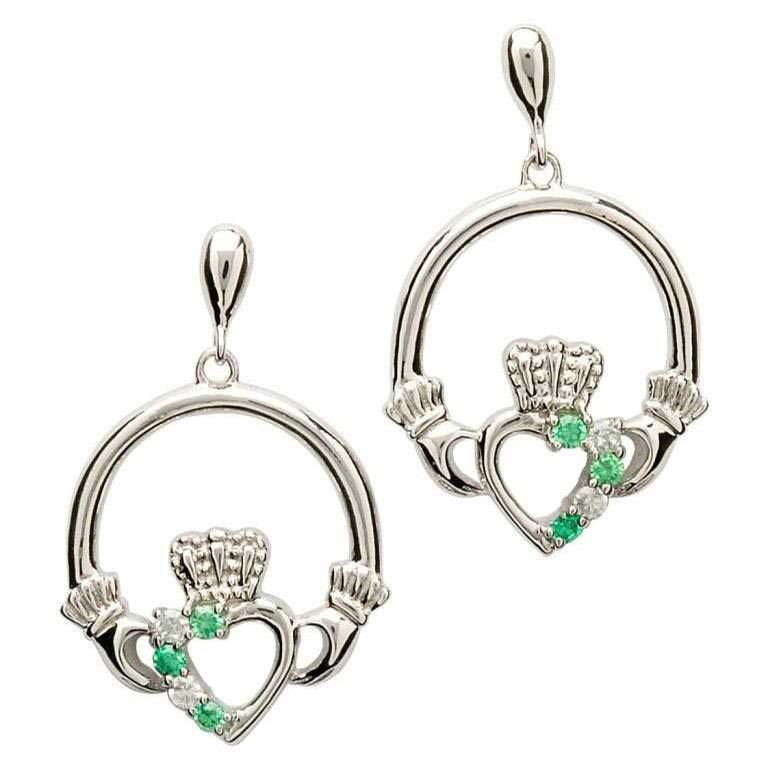 Claddagh Earrings with Green and White Stones