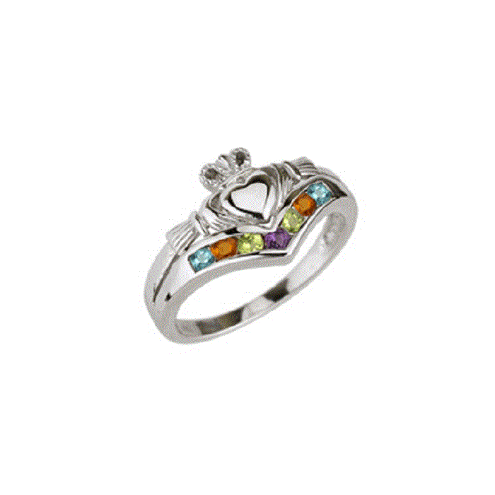 14K White Gold Rainbow Claddagh Ring