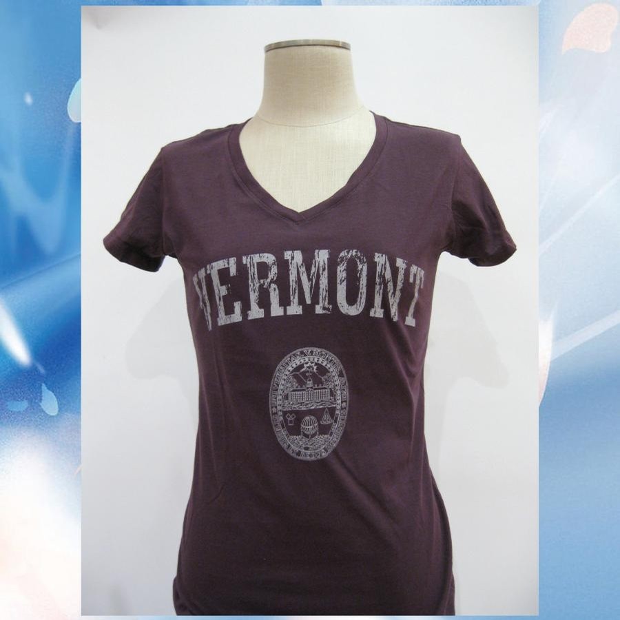 UVM Seal tee(distressed)(vneck)(Ladies) (Plum/Light Grey)