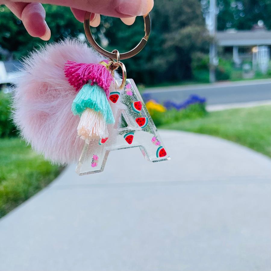surfside & Co Letter Resin with clay charms pom pon keychain