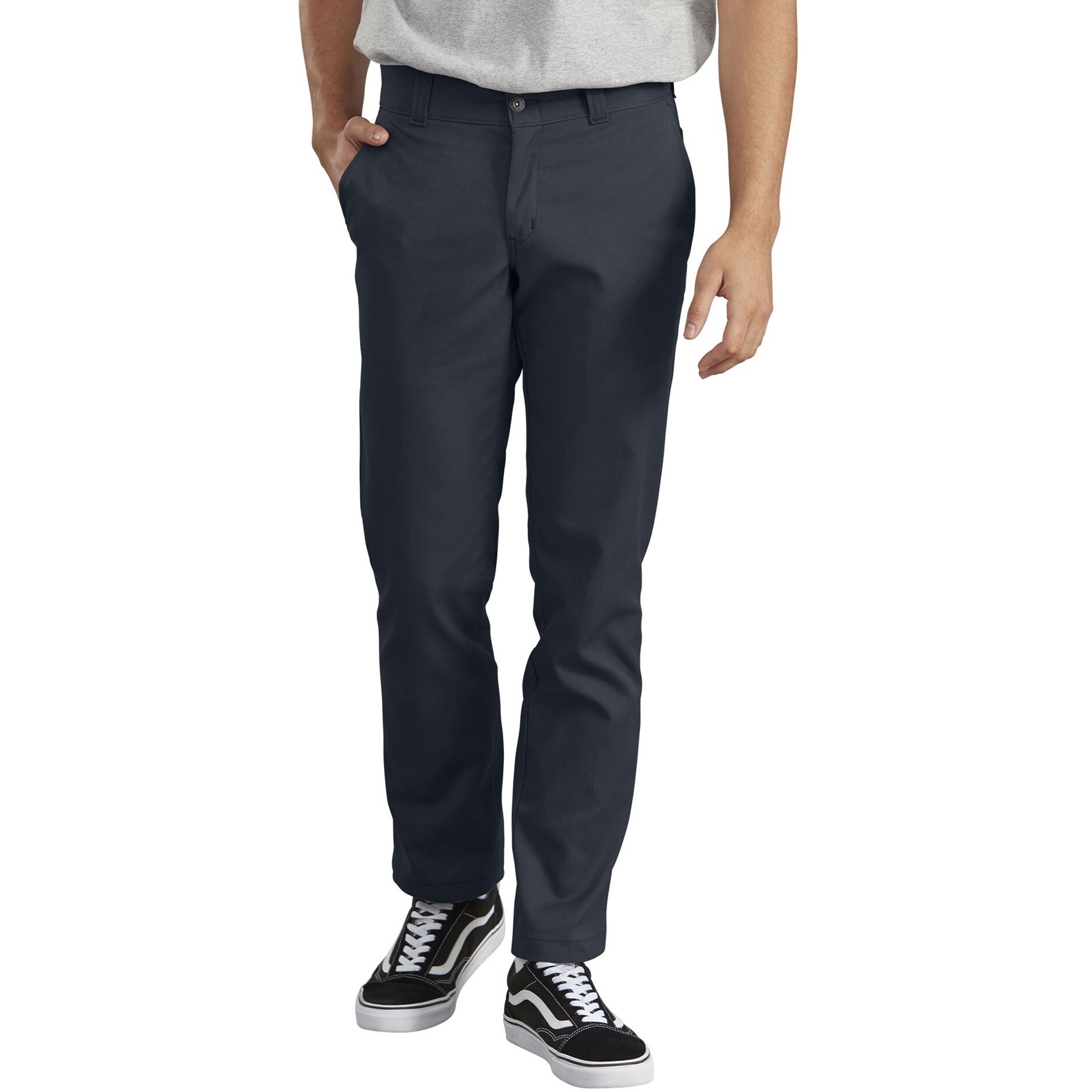 slim fit navy work trousers
