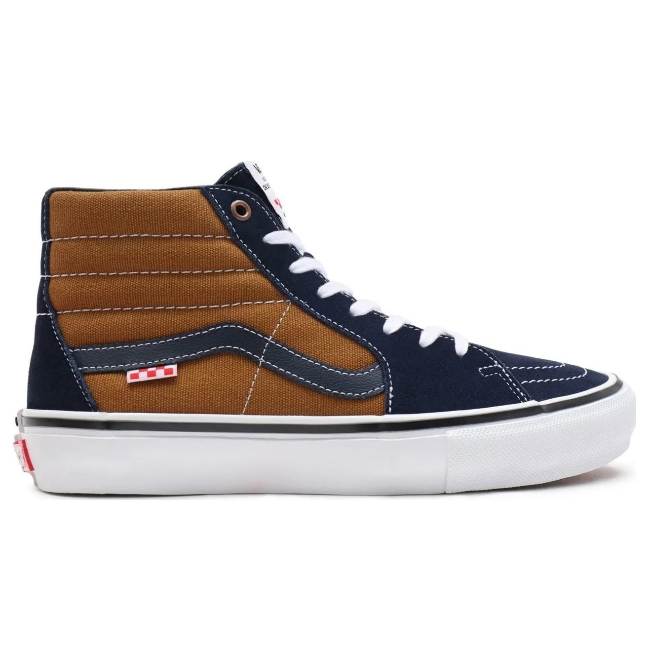 blue and brown high top vans