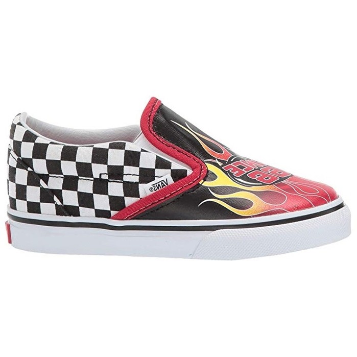 red black and white slip on vans
